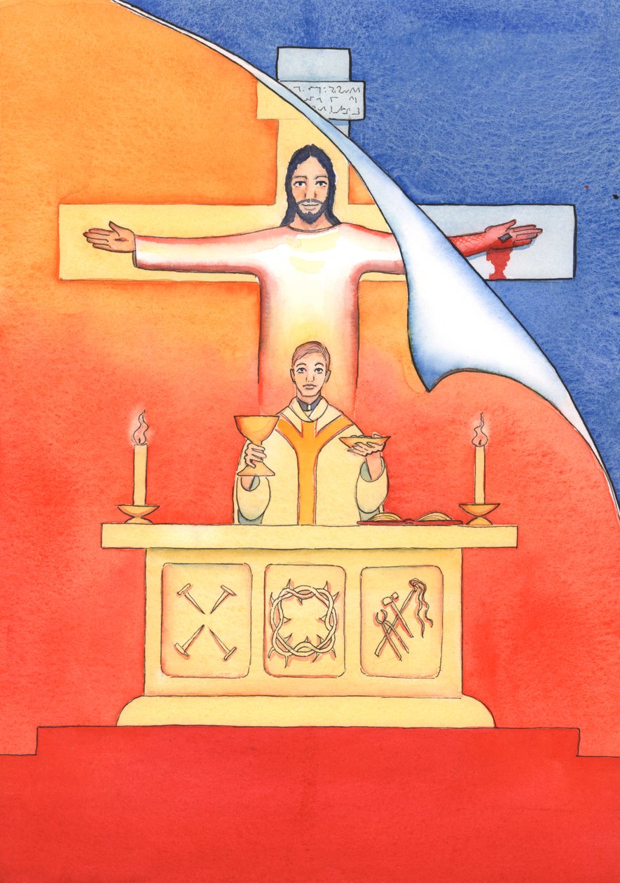 Jesus är närvarande med oss vid mässan och ber till Fadern för vår räkning, om hjälp i våra behov och om evig frälsning. Vi kan förena alla våra böner med hans stora offerbön, 2004 (w/c on pa av Elizabeth Wang