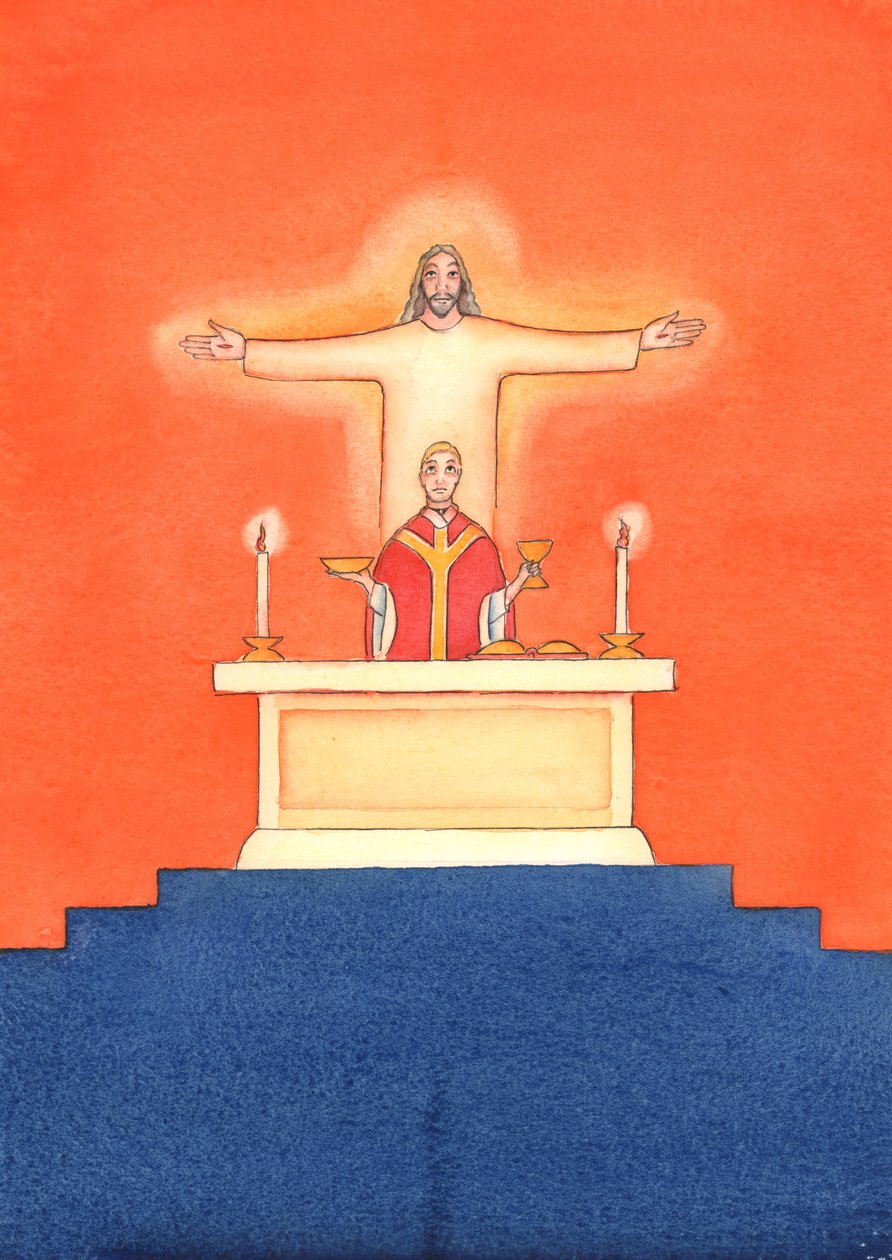 Jesus är närvarande med oss vid mässan och ber till Fadern för vår räkning, om hjälp i våra behov och om evig frälsning. Vi kan förena alla våra böner med hans stora offerbön, 2004 (w/c on pa av Elizabeth Wang