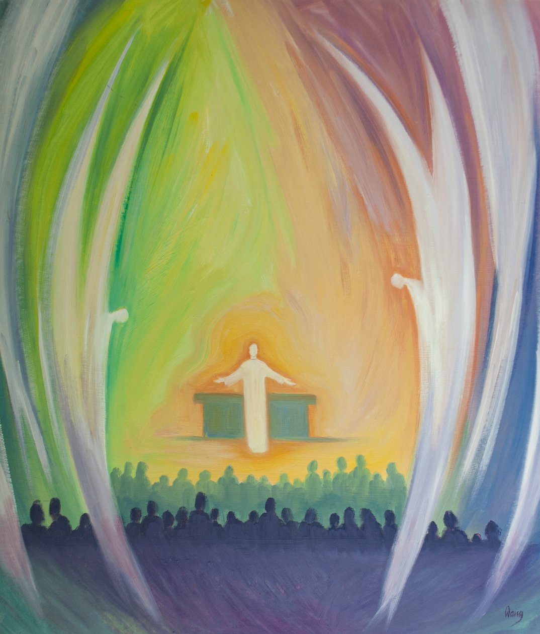 Jesus är verkligen närvarande med oss i mässan, älskad av änglarna, 2000 (olja ombord) av Elizabeth Wang