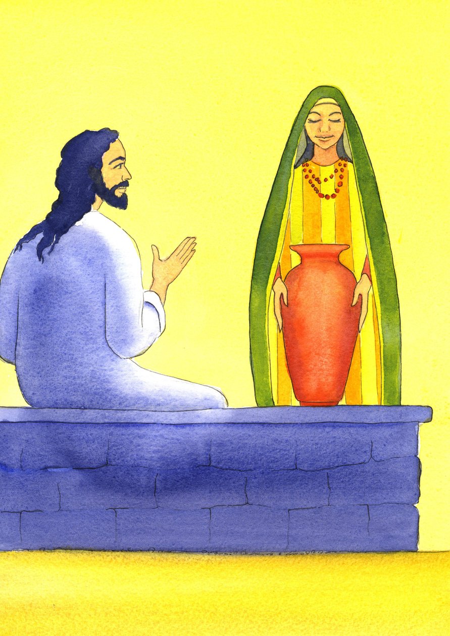 Jesus möter den samaritanska kvinnan vid brunnen, 2001 (w/c på papper) av Elizabeth Wang