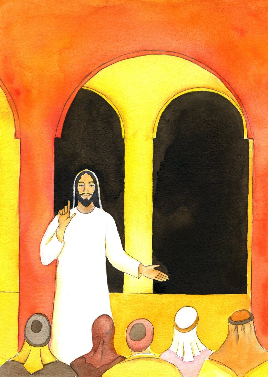 Jesus predikade i templet, talade sanning och retade upp några människor som sedan planerade att skada honom, 2001 (w/c på papper) av Elizabeth Wang
