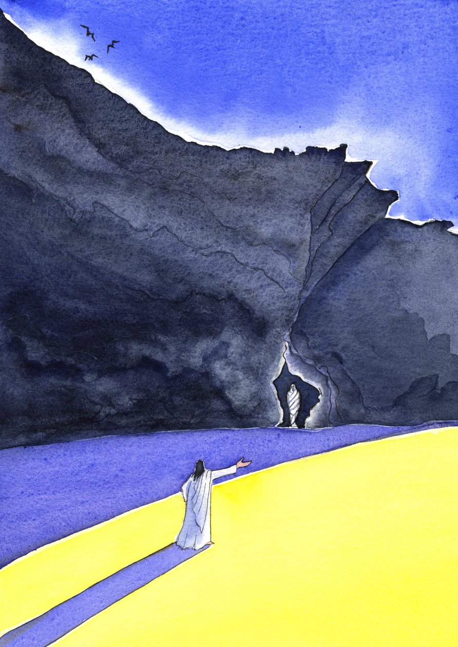 Jesus väcker Lasarus till liv, 2001 (w/c på papper) av Elizabeth Wang