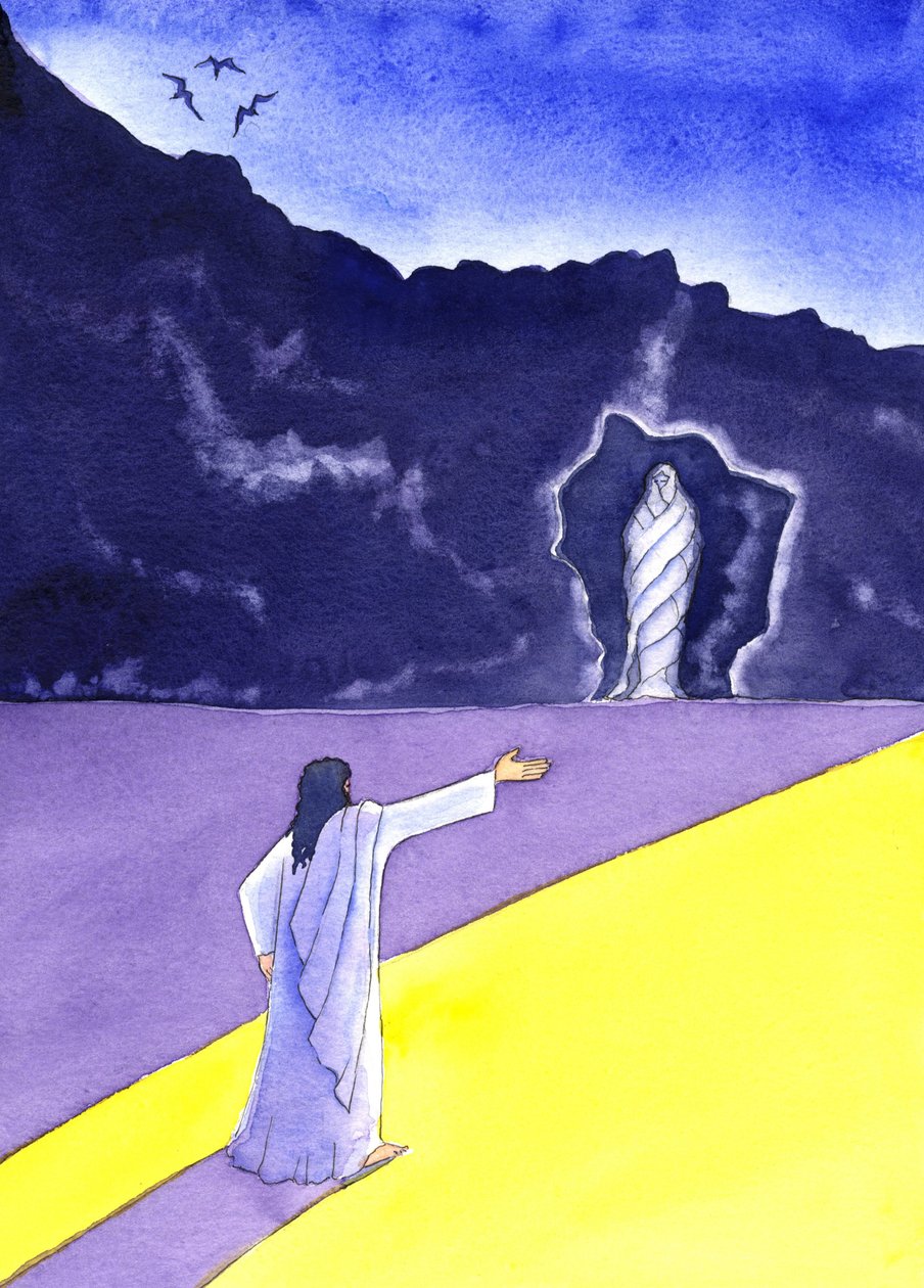 Jesus väcker Lasarus till liv, 2001 (w/c på papper) av Elizabeth Wang