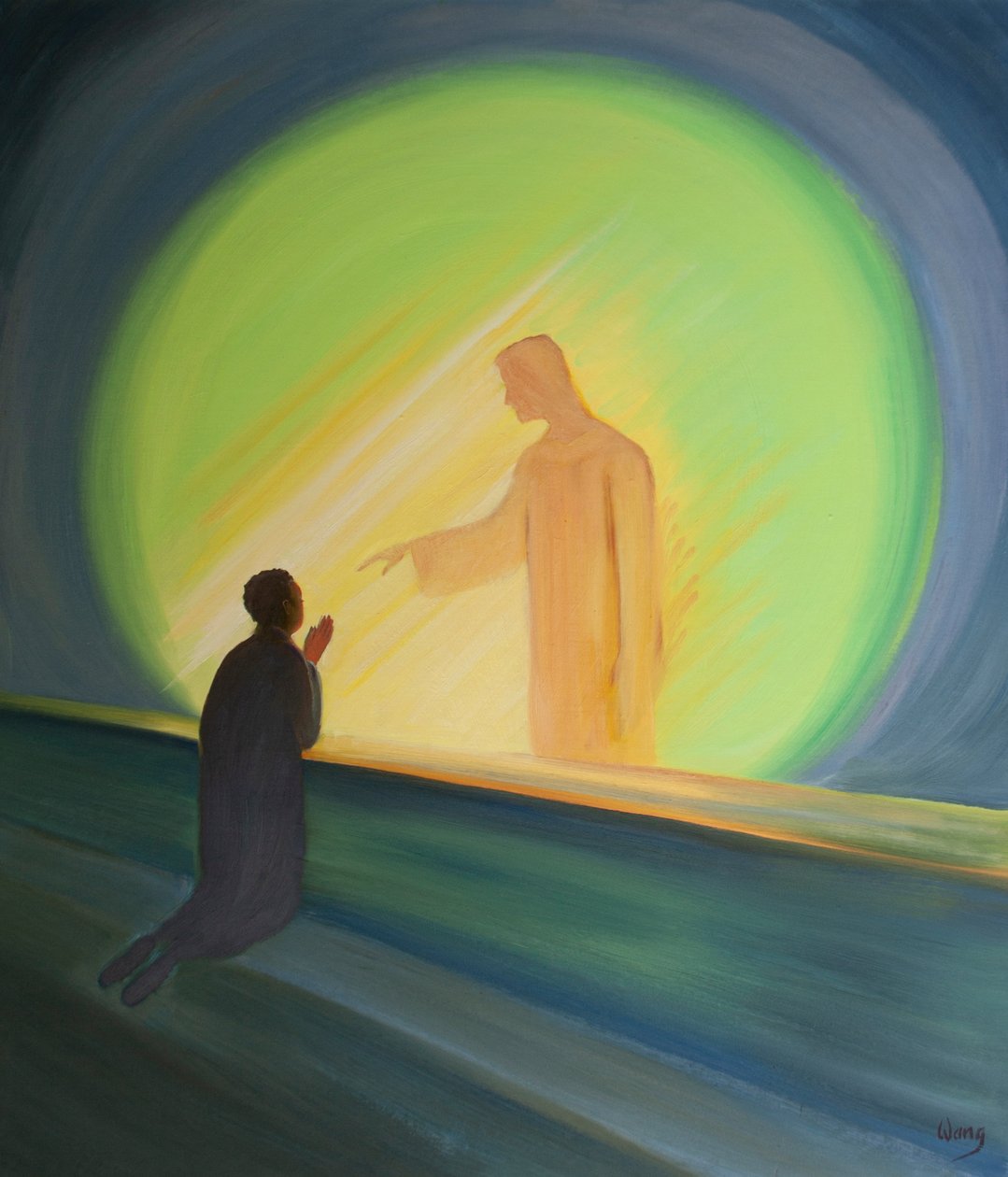 Jesus sträcker sig ut till oss i nattvarden för att lätta våra bördor och ge oss glädje, 2000 (olja ombord) av Elizabeth Wang