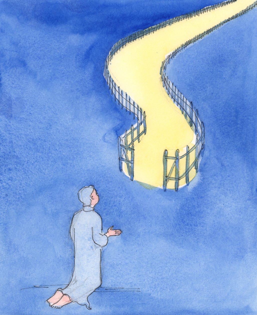Jesus sa att det är en smal port som leder till liv och en hård väg, 2004 (w/c på papper) av Elizabeth Wang