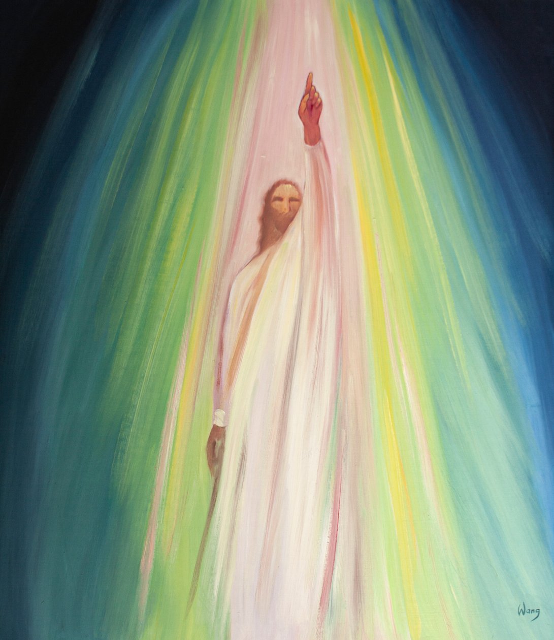 Jesus uppmanar oss att närma oss Fadern och rikta våra böner till honom, 2001 (olja ombord) av Elizabeth Wang