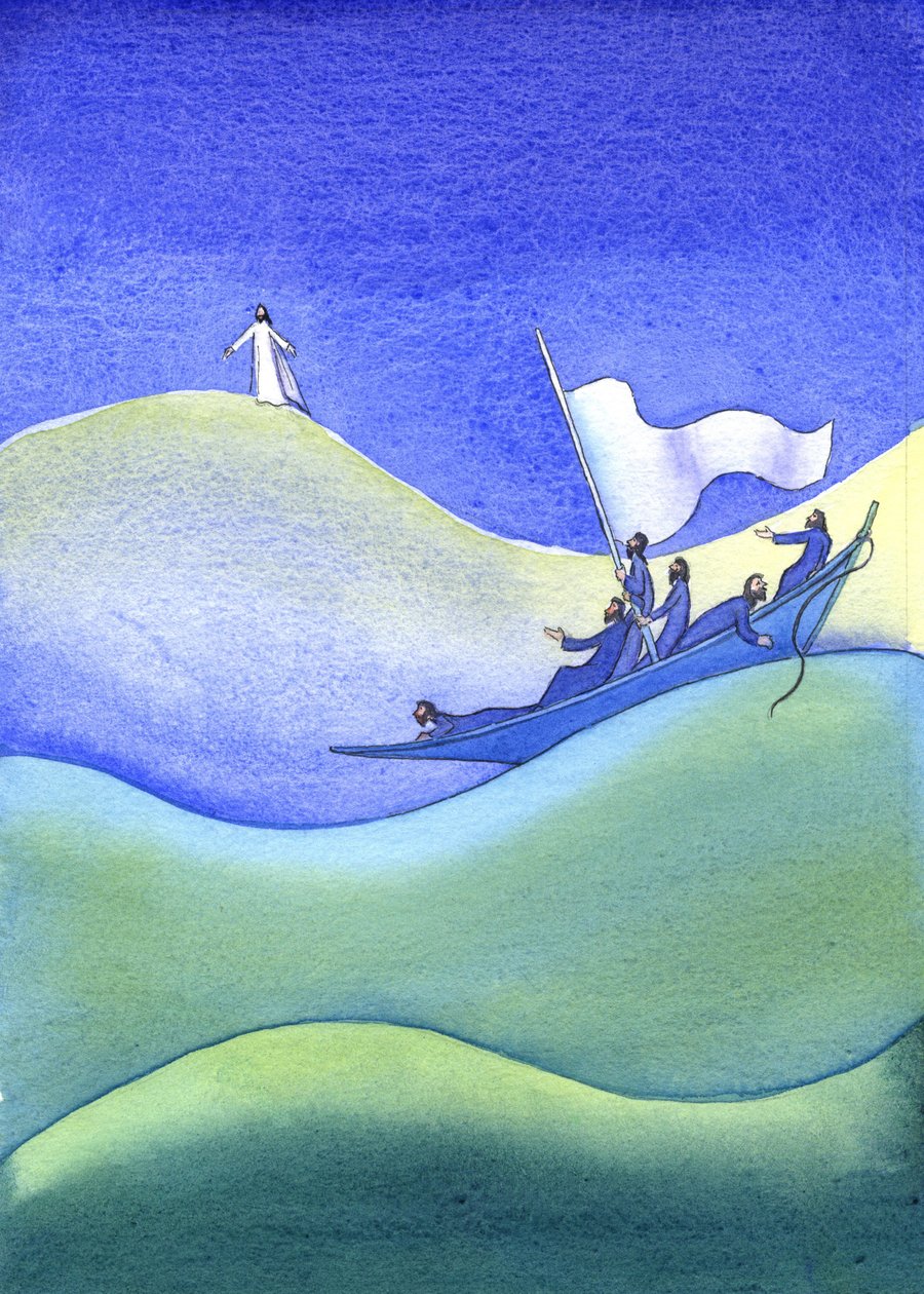 Jesus går på vattnet, 2001 (w/c på papper) av Elizabeth Wang