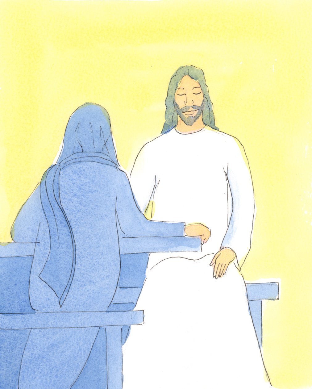 Jesus gjordes utvilad och glad genom att sitta med sina vänner i Betania, i en välkommen tystnad, 2004 (w/c på papper) av Elizabeth Wang
