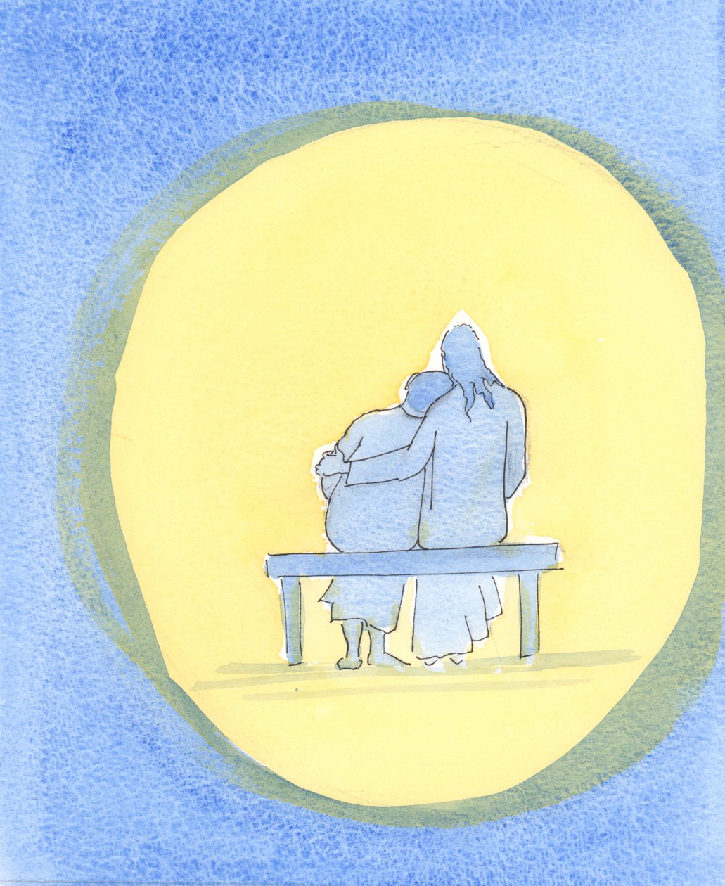 Jesu kärlek är personlig, öm och oföränderlig; han är alltid närvarande med oss, särskilt i det heliga sakramentet, och tröstar oss med sin närvaro., 2003 (w/c på papper) av Elizabeth Wang