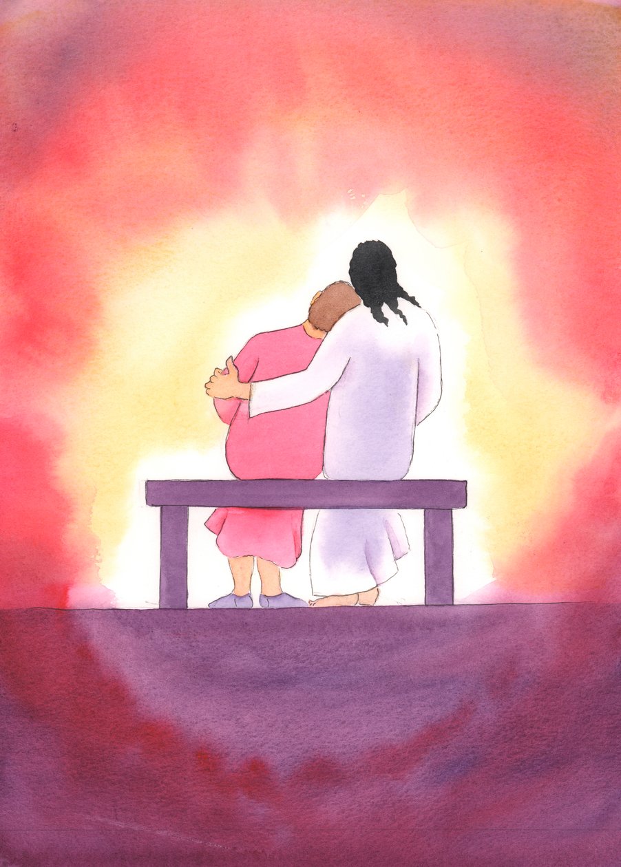 Jesu kärlek är personlig, öm och oföränderlig; han är alltid närvarande med oss, särskilt i det heliga sakramentet, och tröstar oss med sin närvaro., 2003 (w/c på papper) av Elizabeth Wang