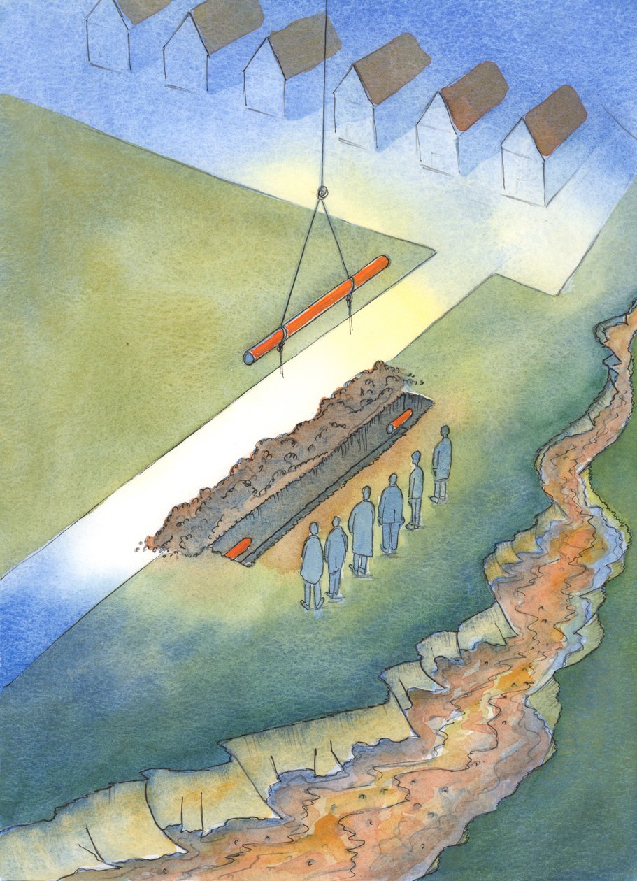 Precis som det är meningslöst att installera avloppsledningar om ett öppet avlopp får stå i närheten, 2003 (w/c på papper) av Elizabeth Wang