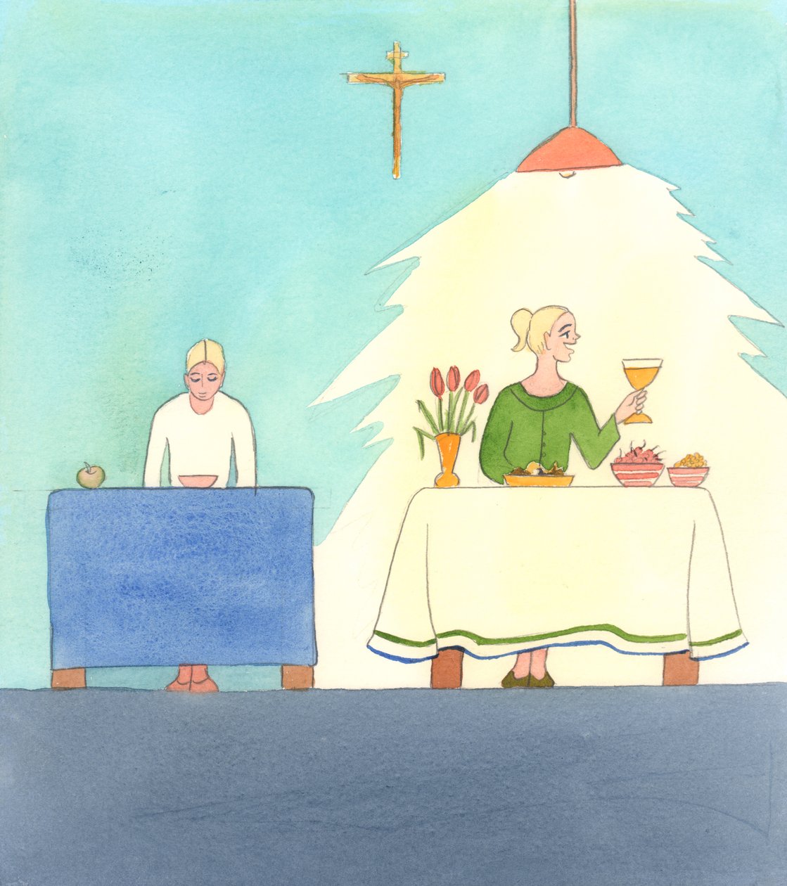 Livet i Kristus innebär både fasta och fest. Vi ska älska det som är gott, men vara beredda att offra det när det behövs för ett ännu större gott, som är Gud, 2005 (akvarell på papper) av Elizabeth Wang