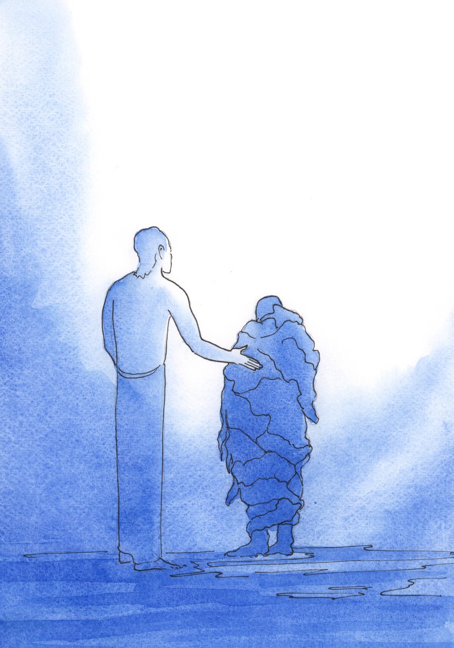 Som fattiga tiggare behöver vi Kristi hjälp, som vädjar till Fadern å våra vägnar, närhelst vi ber i hans namn, 2002 (w/c på papper) av Elizabeth Wang