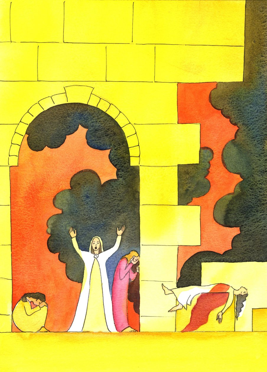 Många år innan Kristus föddes invaderades Jerusalem, och det heliga templet vanhelgades och förstördes, till folkets fasa, 2001 (w/c på papper) av Elizabeth Wang