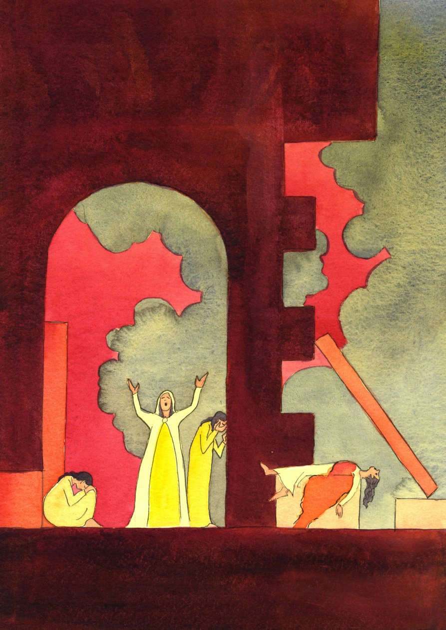 Många år innan Kristus föddes invaderades Jerusalem, och det heliga templet vanhelgades och förstördes, till folkets fasa, 2001 (w/c på papper) av Elizabeth Wang
