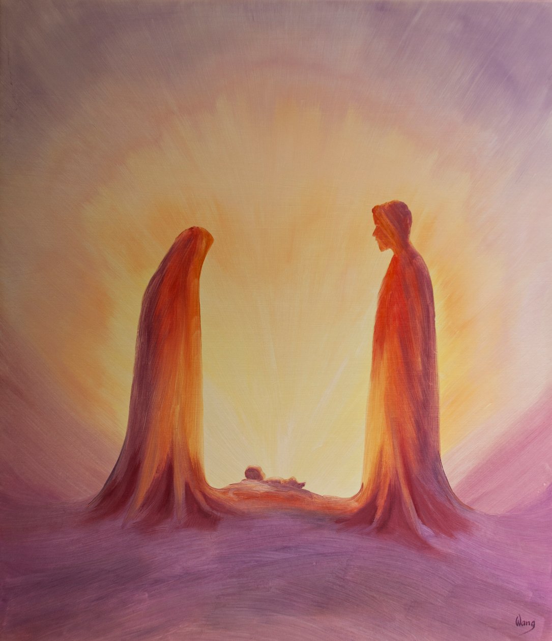 Maria och Josef ser med tro på Jesusbarnet vid hans födelse, 2001 (olja ombord) av Elizabeth Wang
