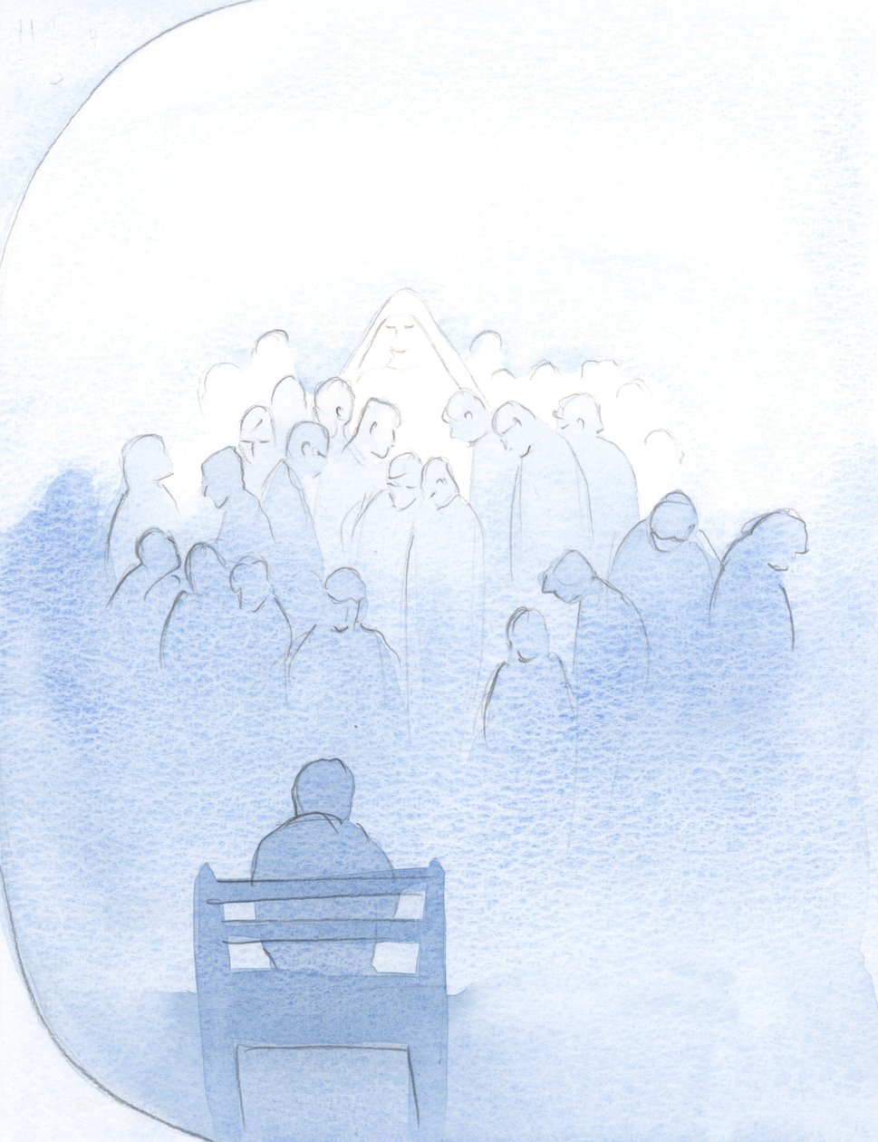 Maria väntade lugnt, medan jag listade alla kära i bön - präster och många andra., 2001 (w/c på papper) av Elizabeth Wang