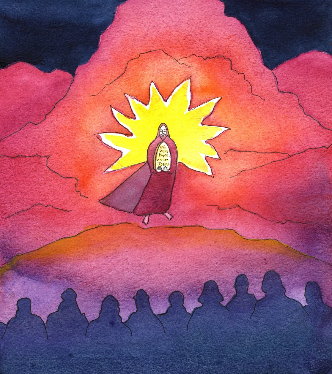 Moses tar ner de tio budordens tavlor, 2001 (w/c på papper) av Elizabeth Wang