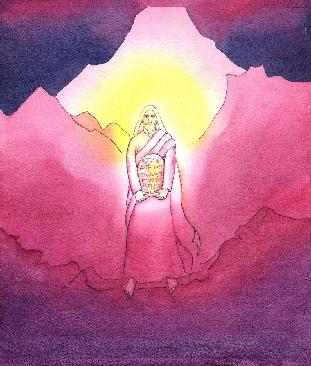 Moses tar ner de tio budordens tavlor, 2001 (w/c på papper) av Elizabeth Wang