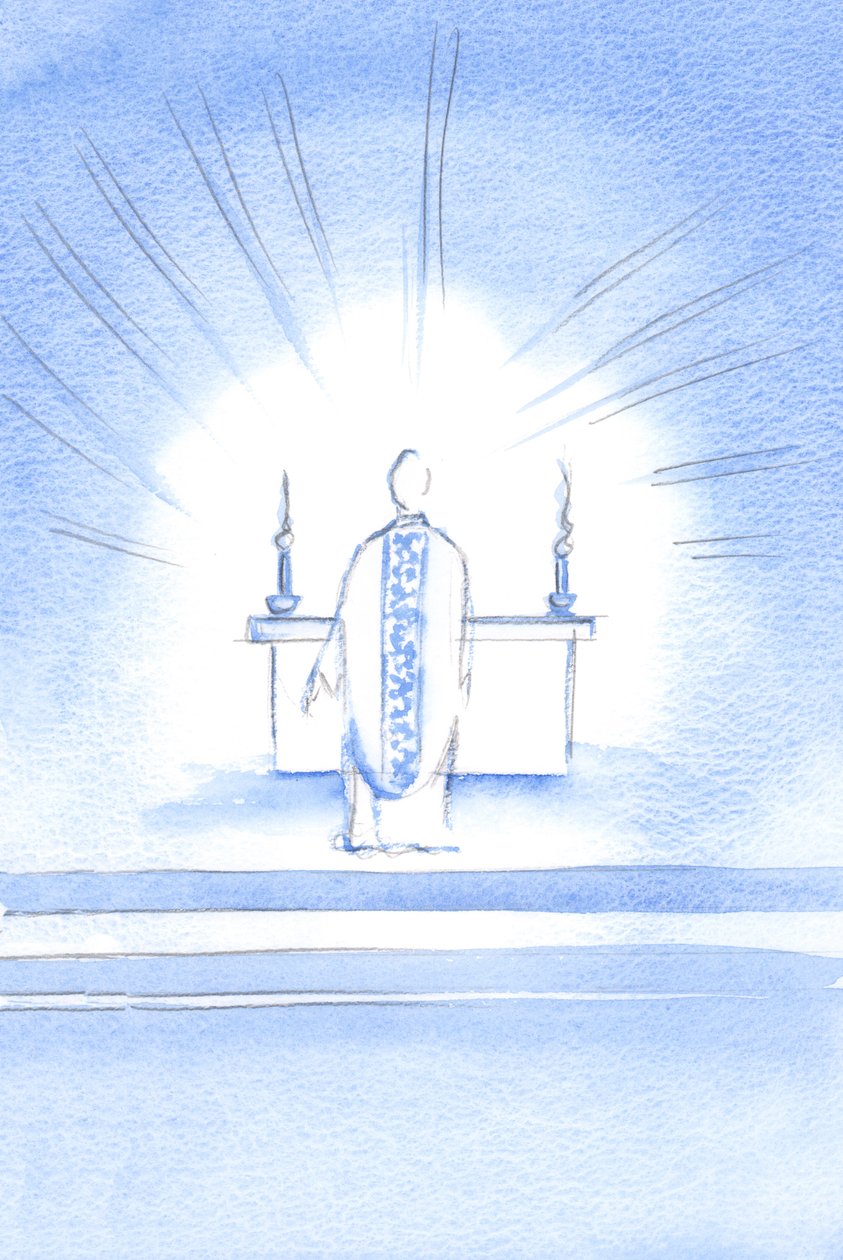 På besöksfesten uppenbarade sig Kristus, klädd i en gyllene kapsel för att hedra sin heliga moder Maria, 2002 (w/c på papper) av Elizabeth Wang