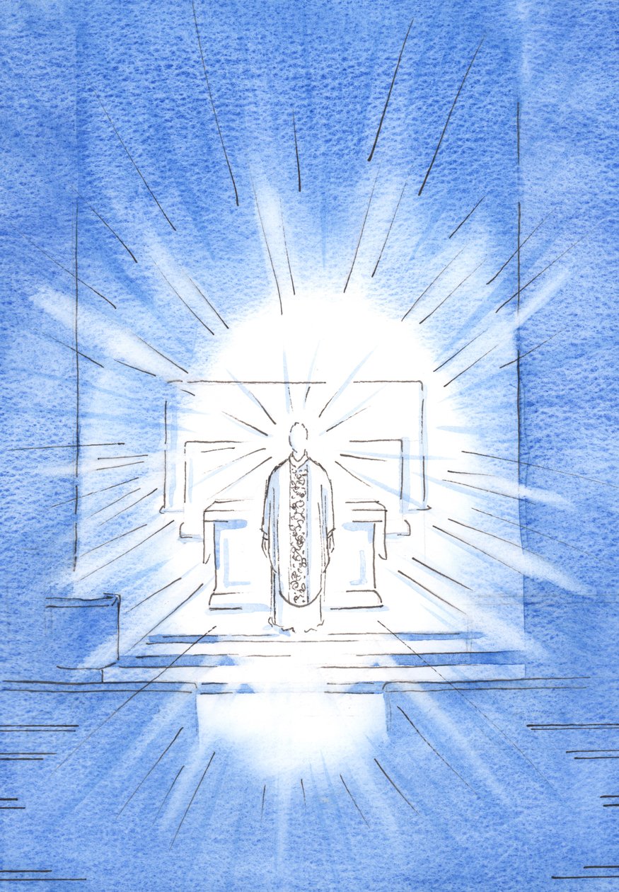 På besöksfesten uppenbarade sig Kristus, klädd i en gyllene kapsel för att hedra sin heliga moder Maria, 2002 (w/c på papper) av Elizabeth Wang
