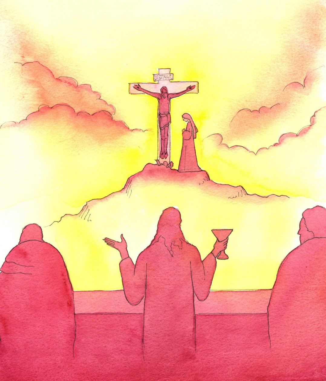 Natten innan han dog, instiftade Jesus den heliga nattvarden, vid den sista måltiden, 2001 (w/c på papper) av Elizabeth Wang