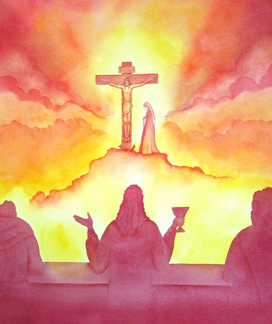 Natten innan han dog, instiftade Jesus den heliga nattvarden, vid den sista måltiden, 2001 (w/c på papper) av Elizabeth Wang