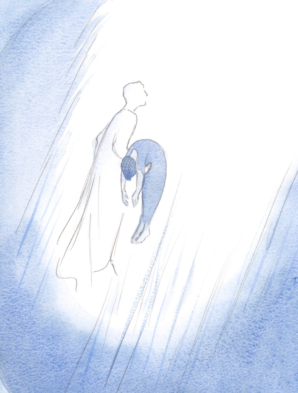 En gång omfamnade Kristus snabbt en bortgången själ efter dess rening och lyfte den - som ett nyfött barn som just fötts - högt mot himlen., 2001 (w/c på papper) av Elizabeth Wang