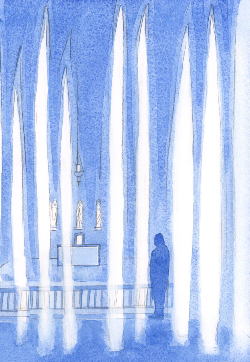 En som går för att be inför Kristus i det heliga sakramentet placerar sig själv bland änglarna som står i tyst tillbedjan, 2001 (w/c på papper) av Elizabeth Wang