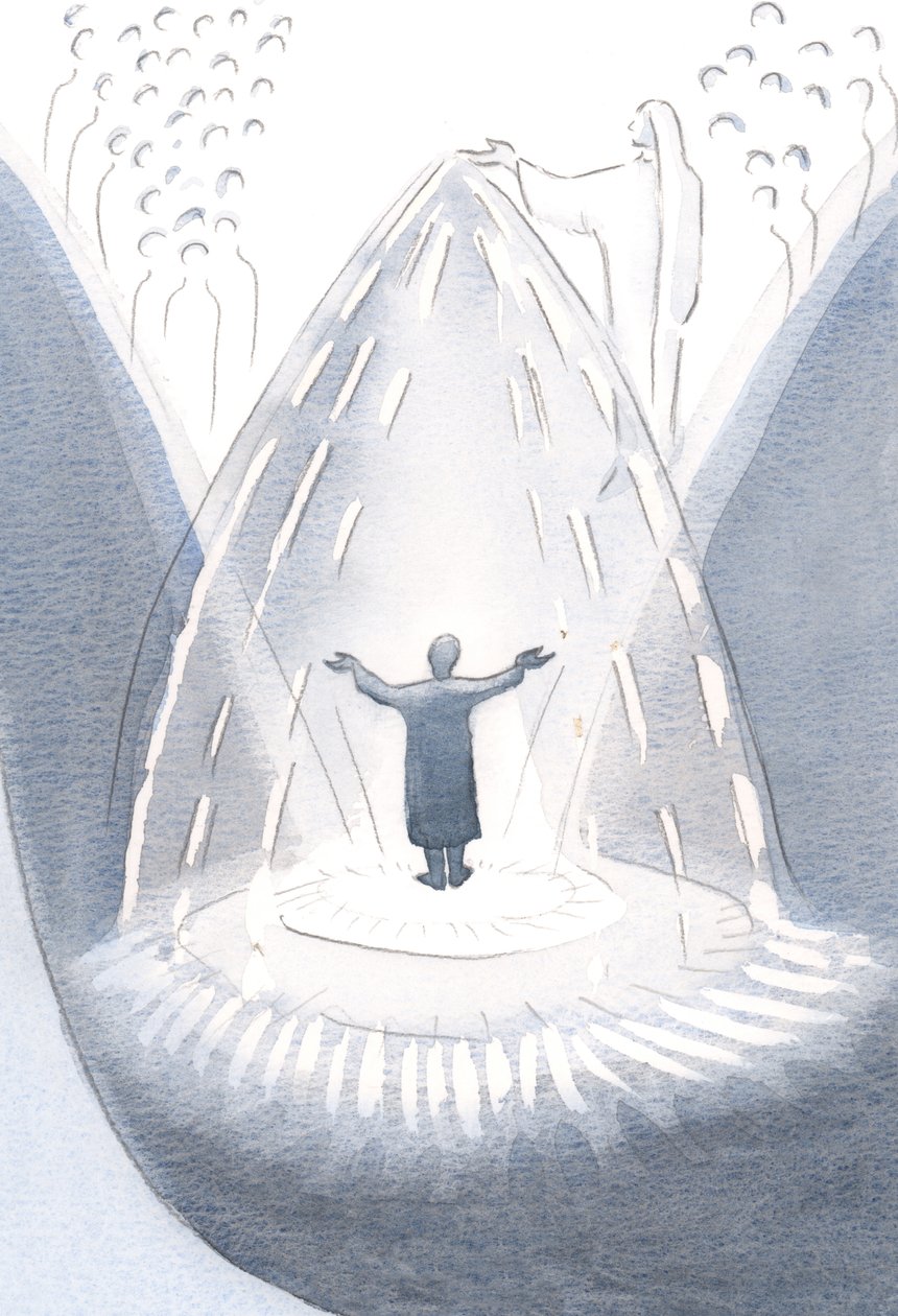 Vår heliga Moder Maria sprider nåd som regn, så snart vi ber Gud om hennes hjälp. Genom henne överöses vi med välsignelser, 2000 (w/c på papper) av Elizabeth Wang