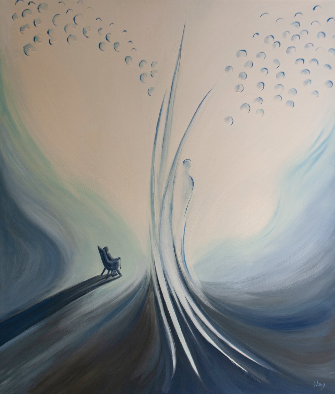 Våra personliga böner och andakter, såsom rosenkransen, förenar oss till himlen och gläder vår skyddsängel, 2001 (olja ombord) av Elizabeth Wang