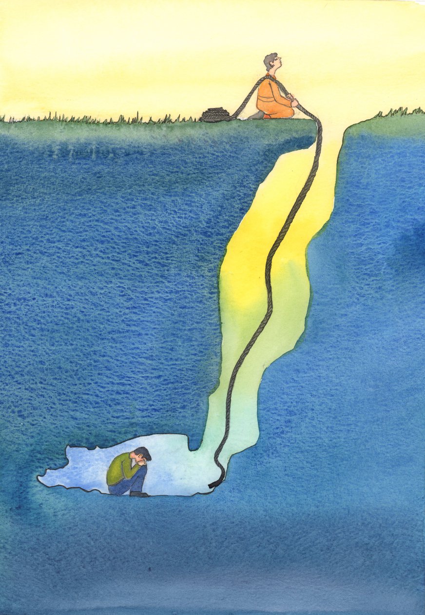 Vår bön är som en livlina som släpps ner från himlen för att hjälpa de förlorade och instängda i svårigheter, 2002 (w/c på papper) av Elizabeth Wang
