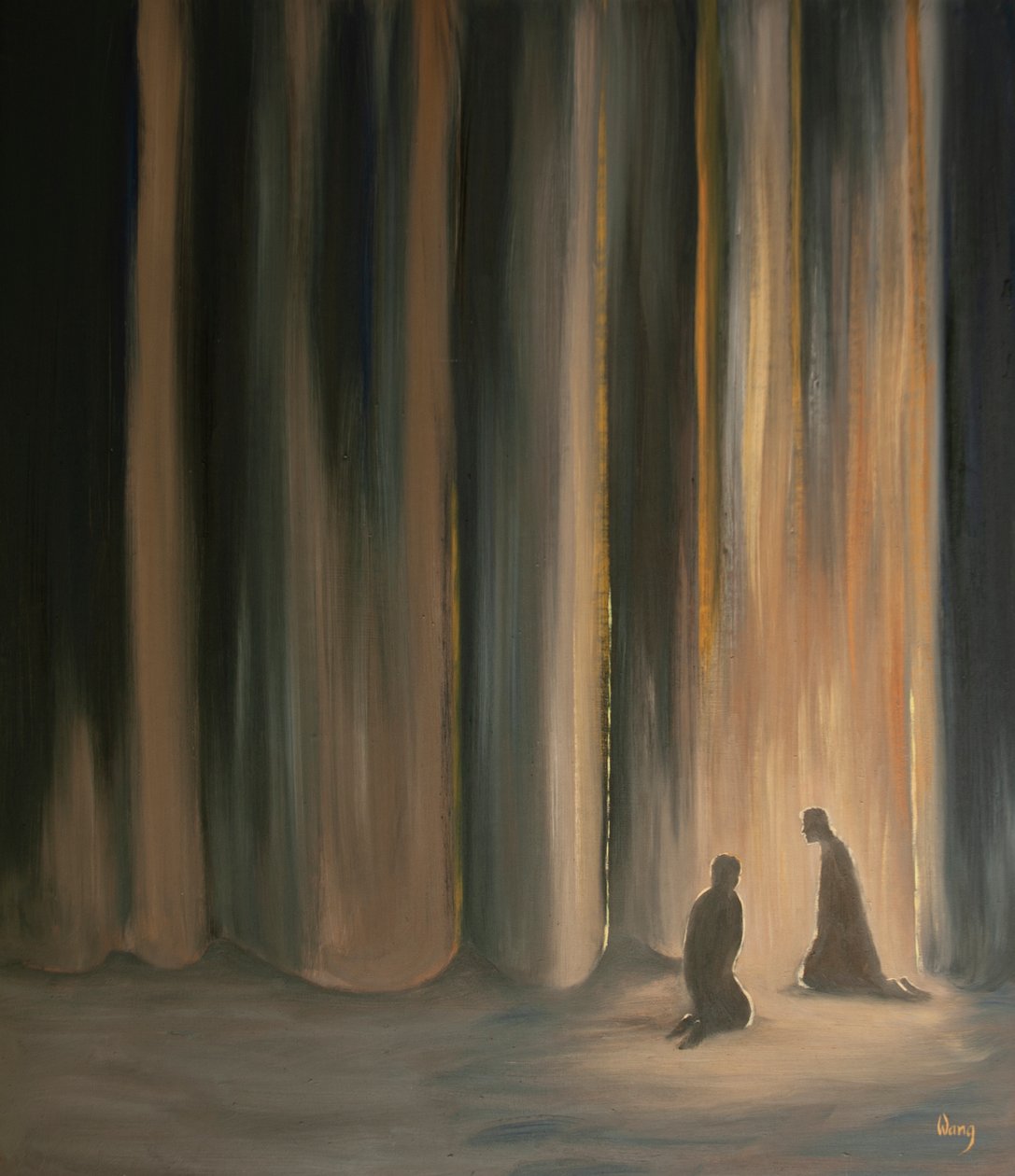 Våra böner, även i mörker, förenar oss med Jesus, som förbereder oss för den himmelska härligheten som ligger bakom ridån, 2001 (olja ombord) av Elizabeth Wang