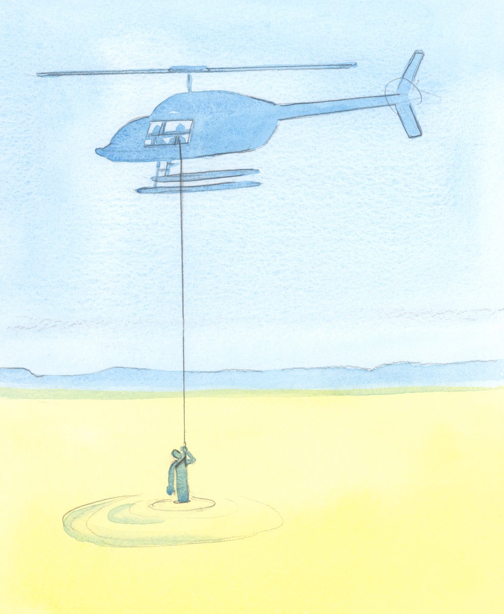 Människor blir hjälpta av våra förböner för dem i bön lika säkert som en desperat person som fångas i en kvicksand får hjälp av vänner som vinschar honom i säkerhet från en helikopter, 2003 (w/c på papper) av Elizabeth Wang