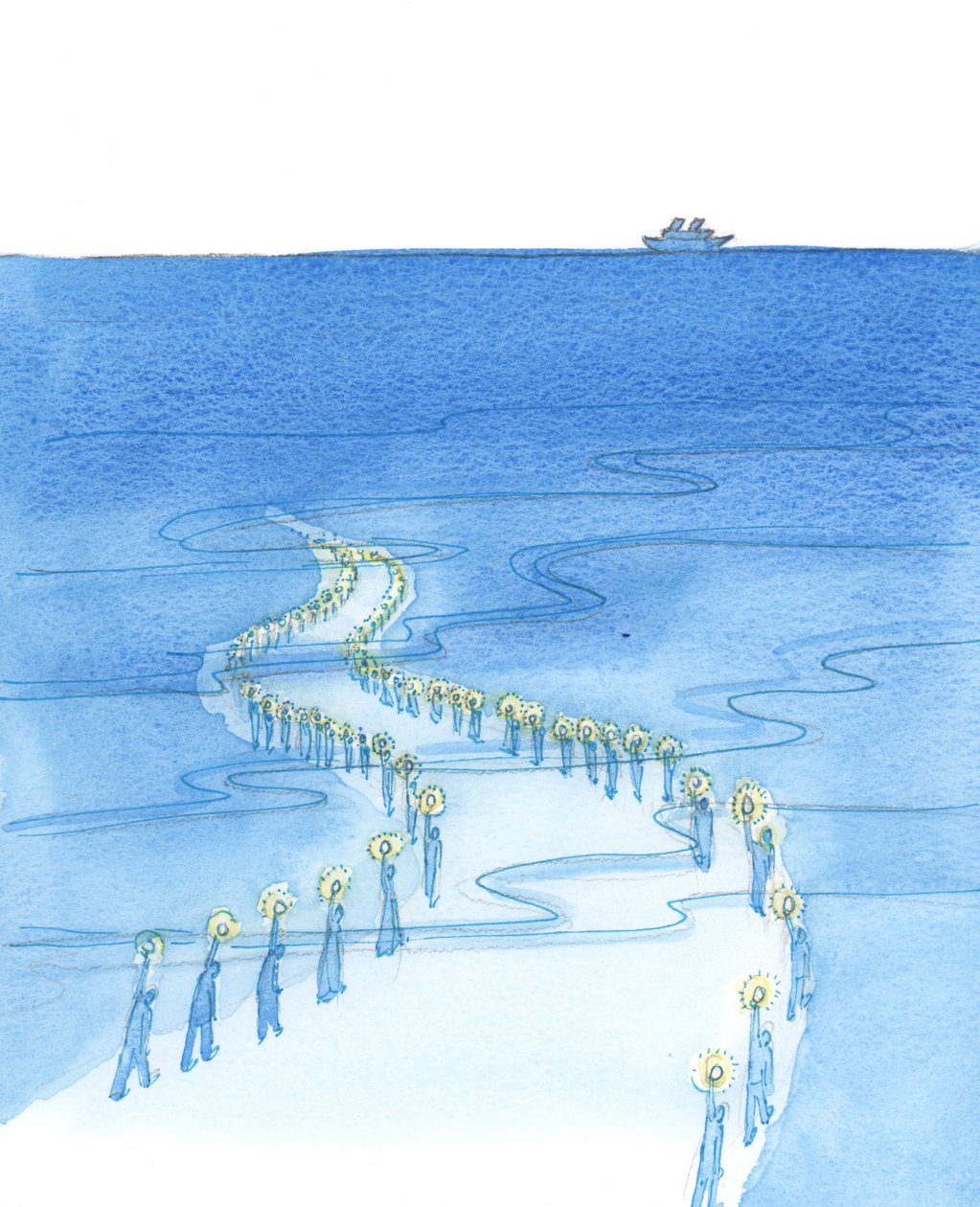 Människor som dör medan de ber (som de som dog när de bad rosenkransen på Titanic) marscherar längs en väg som verkar leda till mörker, 2002 (w/c på papper) av Elizabeth Wang