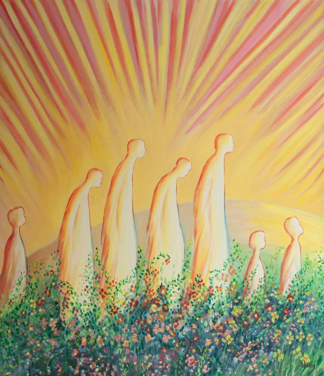 Renade själar går nu på en matta av blommor i glädje och enkelhet, befriade från all cynism och hårdhet, 2001 (olja ombord) av Elizabeth Wang