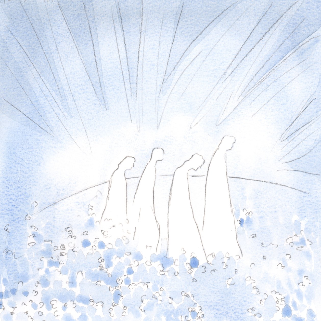 Renade själar går nu på en blommatta, i glädje och enkelhet, befriade från all cynism och hårdhet., 2001 (w/c på papper) av Elizabeth Wang