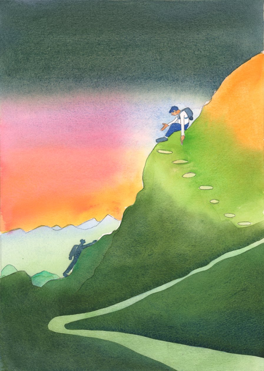 Någon som har blivit "hög" i bön och ombedd av Herren att vägleda andra, är som en klättrare på en bergssida, 2003 (w/c på papper) av Elizabeth Wang