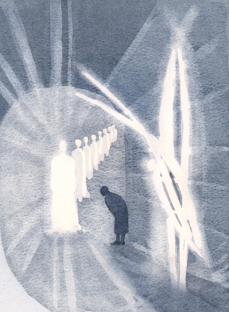 Ibland är Kristus närvarande för själen, i sin härlighet, tillbedd av vår skyddsängel. Vi behöver bara närvara och älska 2000 (w/c på papper) av Elizabeth Wang
