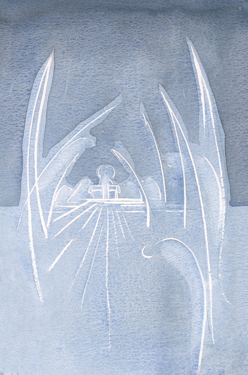 Änglarna böjer sig för Kristi offer, samlade kring honom. Andra bugar sig i djup vördnad, runt om i kyrkan., 2001 (w/c på papper) av Elizabeth Wang