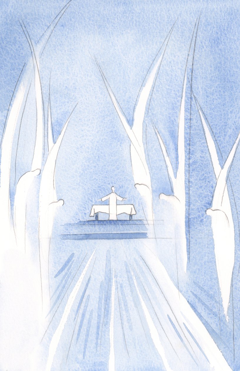 Änglarna böjer sig för Kristi offer, samlade kring honom. Andra bugar sig i djup vördnad, runt om i kyrkan., 2001 (w/c på papper) av Elizabeth Wang