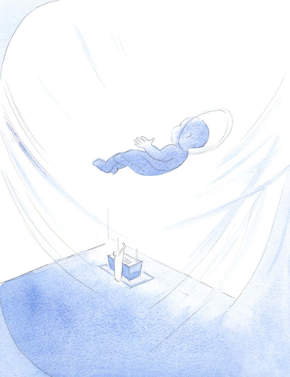 Kristus-barnet erbjöd sig själv till Fadern vid midnattsmässan vid jul, och erbjöd kärleksfullt sitt liv till Faderns ära., 2001 (w/c på papper) av Elizabeth Wang