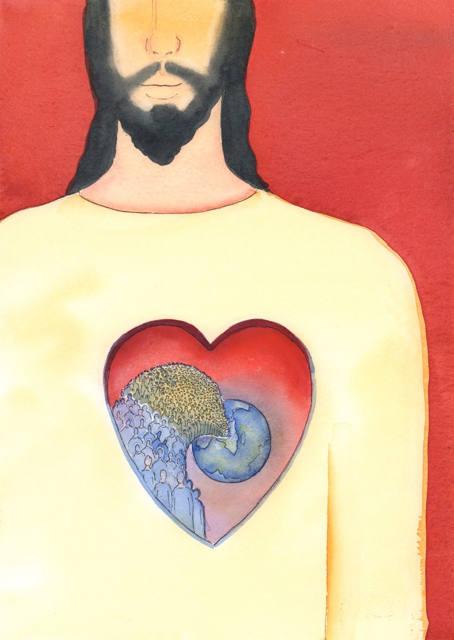 Jesu Kristi hjärta, vår Frälsare, är så stort att det innehåller hela universum, vår värld och alla på den, 2004 (w/c på papper) av Elizabeth Wang