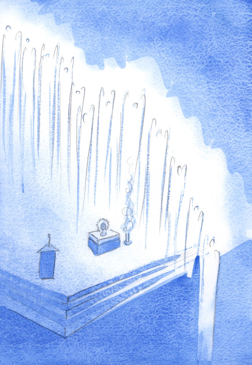 De heliga änglarna bildade en hedersvakt från kyrkans höjder - i tyst tillbedjan av Kristus, på Exposition, 2002 (w/c på papper) av Elizabeth Wang