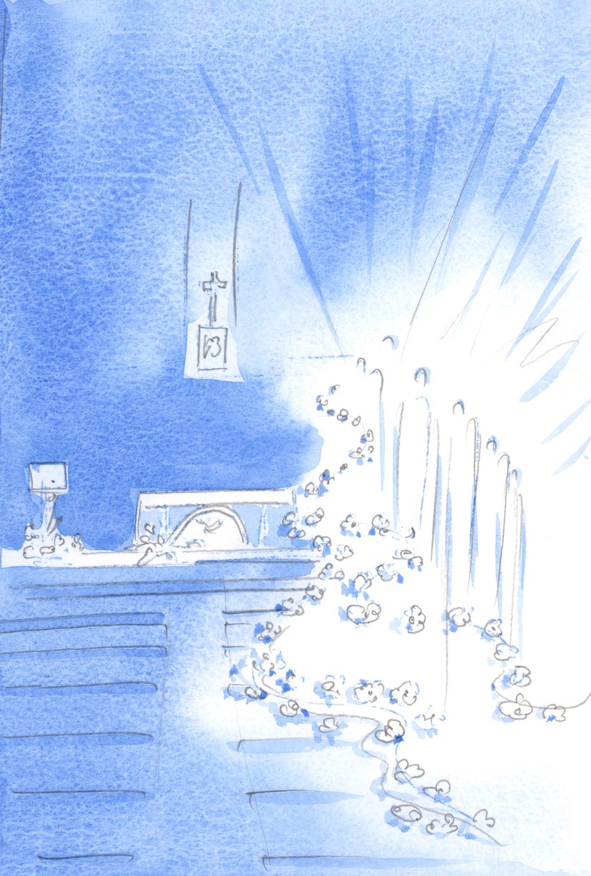 De heliga änglarna var närvarande: och dekorerade kyrkan med girlanger, och visade himlens förtjusning vid en vigning, 2002 (w/c på papper) av Elizabeth Wang