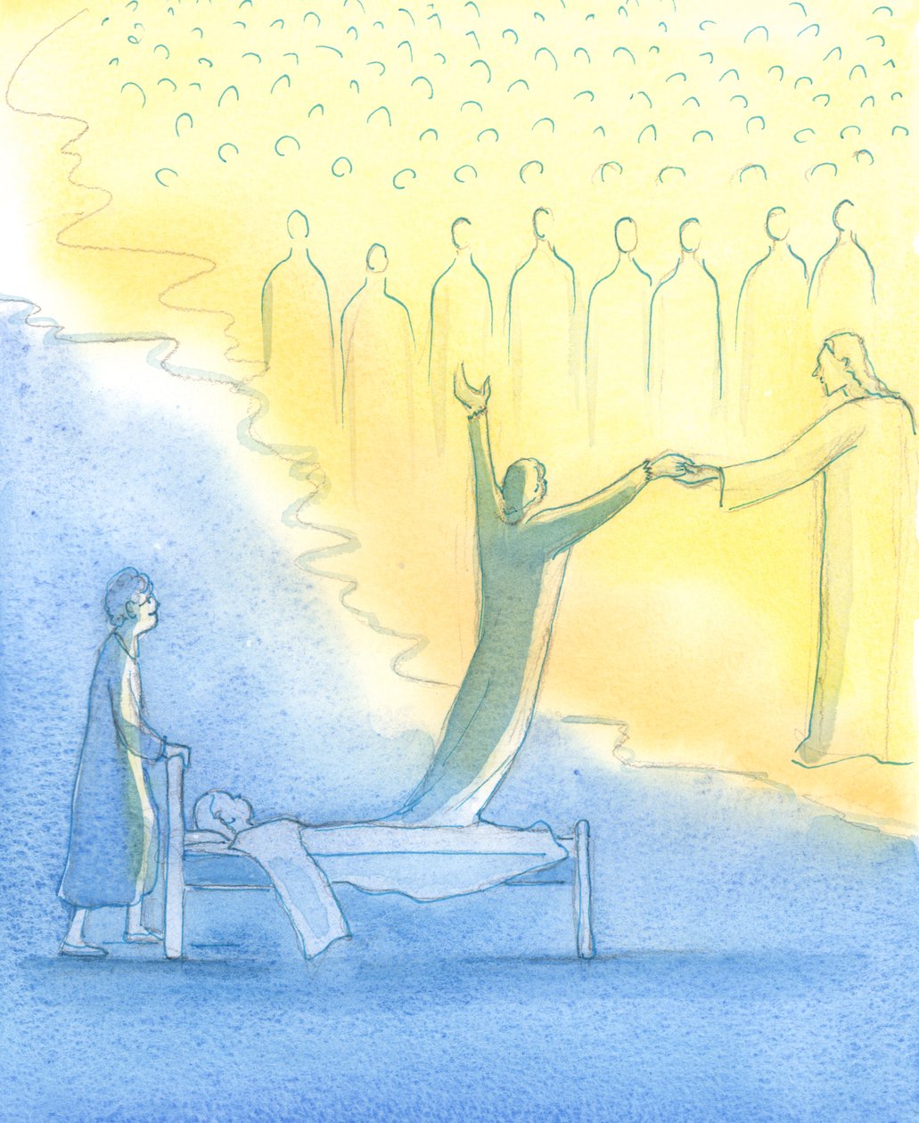 Den heliga själen som är redo för himlen möts inte bara av Kristus, utan också av hans heliga moder och alla heliga, 2003 (w/c på papper) av Elizabeth Wang