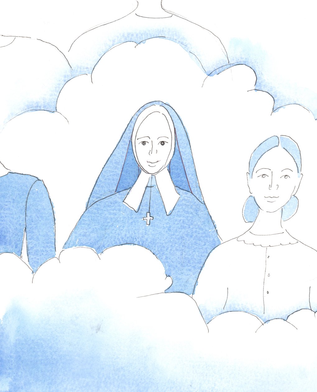 Herren visade mig den heliga Bernadette, som efter sitt korta och plågsamma liv nu är lyckligt lycklig i himlen tillsammans med de andra helgonen, 2005 (akvarell på papper) av Elizabeth Wang
