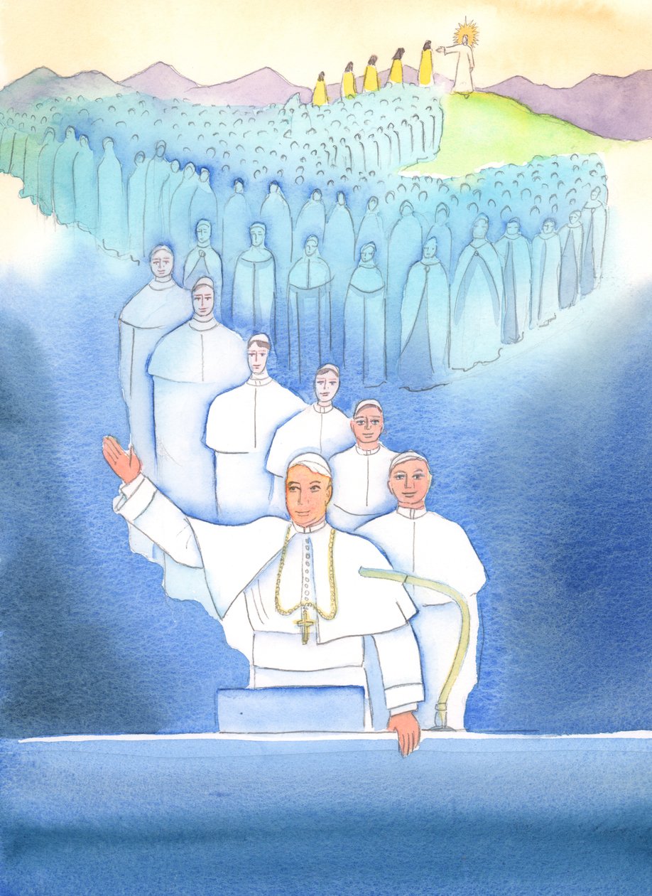 Påven, biskopen av Rom, är överste biskop och enhetens fokus i kyrkan, 2004 (w/c på papper) av Elizabeth Wang