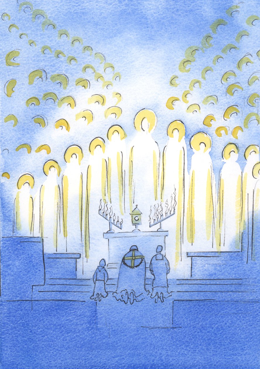 De heliga är samlade här med Kristus, vid utställningen, alla strålande av glädje över hans kärlek och vår hängivenhet, 2003 (w/c på papper) av Elizabeth Wang