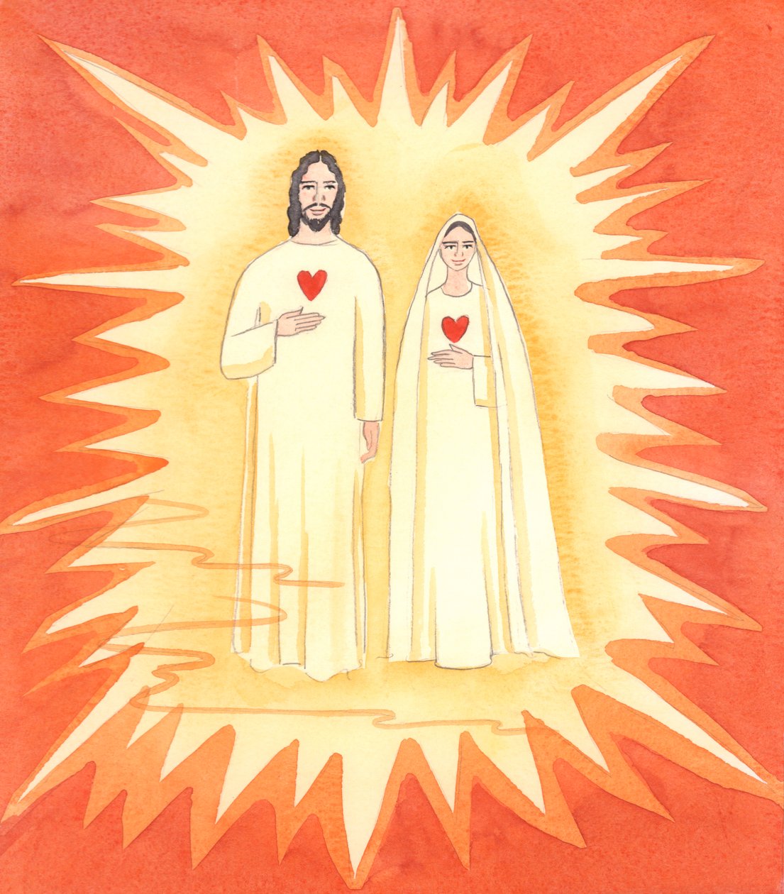 The Two Holy Hearts: Jag visades den syndfria Kristus och hans obefläckade moder i himlens strålande ljus, 2003 (w/c på papper) av Elizabeth Wang